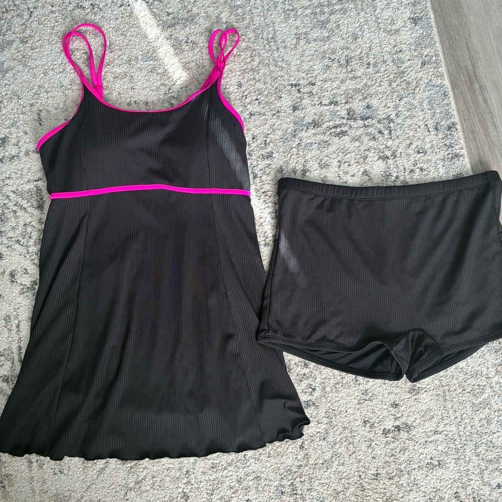 Women's Plus 2X Black and Pink Swim Dress, One-piece, Bathing Suit